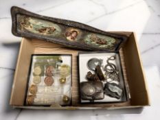 A box of collectibles including two Masonic orb jewels, white metal figure of a turtle,