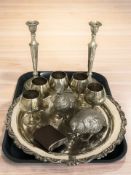 A pair of EPNS models of quail, together with a salver, five goblets, pair of candlesticks, etc.