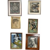 Six continental pictures and prints depicting portrait studies, reverse prints on glass,