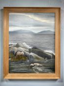 Kenneth Elliott (Contemporary) : Otters amongst rocks on the shore, oil on board,