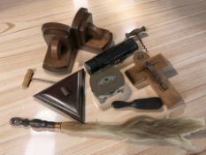 A wooden crucifix, pair of Art Deco bookends, vintage corkscrews, triangular trinket box and cover,