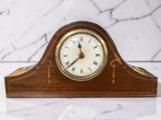An Edwardian inlaid mahogany mantel timepiece, width 30 cm.