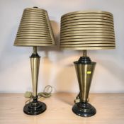 Two contemporary brass effect metal table lamps with shades, height 62 cm.