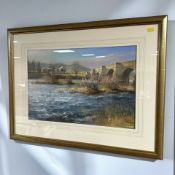 Walter Holmes : View across a river with stone bridge, colour chalks, signed lower right,