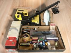A collection of die cast cars, Tonka crane and other toys.