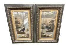 A pair of Victorian hand painted bevelled glass mirrors depicting stags in elaborate gilt frames,