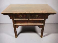 A 19th century Chinese lacquered elm altar table, fitted two drawers, 112 cm x 62 cm x 80 cm.