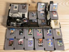 A Nintendo Entertainment System NES version, together with various game cassettes, controllers, etc.