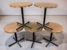 A set of five copper plated circular metal bistro / patio tables, 58 cm diameter, height 67 cm.