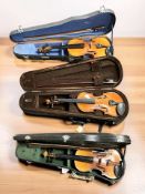 Three various student violins in cases including Skylark, Stentor, etc.