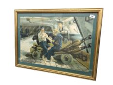 After Ralph Hedley : A sailor tattooing his crewmate by a cannon, colour print, 64 cm x 42 cm.