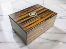A Victorian coromandel and mother of pearl inlaid writing slope, with velvet and tooled interior,