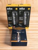 Two Braun men's electric beard trimmers, and a King C. Gillette Style Master trimmer, all in boxes.