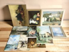 A group of pictures and prints, still life study, oil on canvas landscapes, etc.