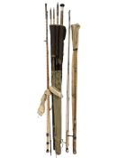 A group of vintage split cane fishing rods including Hardy Palakona,