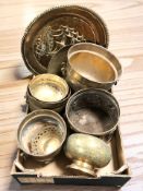 A group of brass planters, charger depicting a sailing ship, Indian engraved bowl, etc.