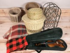 A modern metal bottle rack, a wicker hamper, a Prima Vera violin in case, etc.