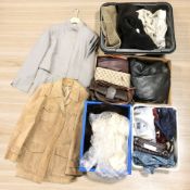 Assorted clothing including leather jackets, dress shirts, lady's fur coat, etc.