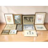 A group of pictures and prints, watercolour still life, John J Kerr oil on canvas winter landscape,