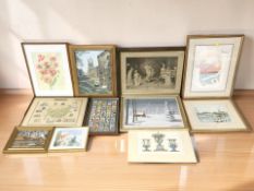 A group of pictures and prints, watercolour still life, John J Kerr oil on canvas winter landscape,