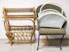 A pine towel rail, two wicker magazine racks and a loom chair.