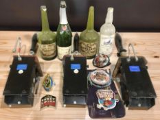 Three bar optics, several large empty wine and whisky bottles, plus further breweriana.