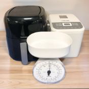 A Lakeland compact bread maker, a Daewoo air fryer and a Salter kitchen scale.
