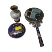 A decorative white metal and cloisonne enamel hand mirror, length 21.