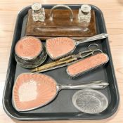 A group of dressing table wares, an oak desk stand with crystal ink wells, etc.