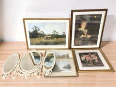A cream and gilt triptych dressing table mirror, and a group of gilt framed prints.