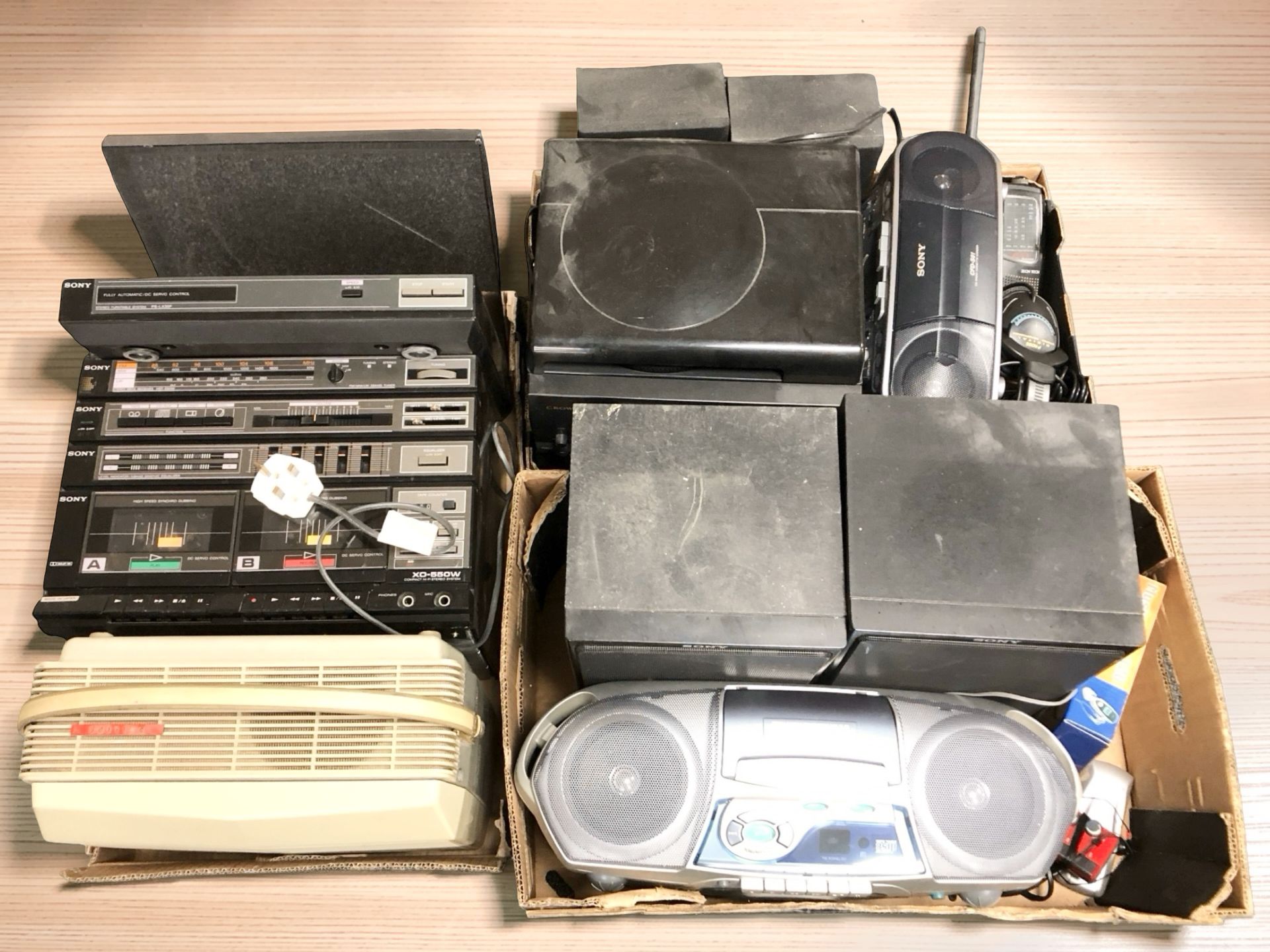 A group of hi-fi components including Sony, radios, speakers, Philips portable record player, etc.