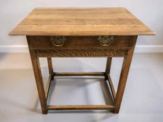 A George III style oak single drawer side table, width 79 cm.