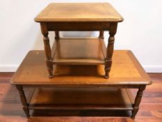A reproduction yew rectangular coffee table, length 110 cm, and a matching lamp table.