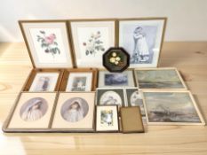 A group of pictures and prints, octagonal framed still life oil painting, etc.