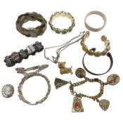 A group of decorative costume bangles, bracelet with cabochon stones, silver belcher chain,