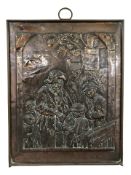 A continental embossed brass panel depicting musicians, 69 cm x 55 cm.