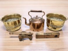 A Victorian copper kettle, two brass planters,