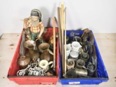 A group of pewter tankards, decorative flintlock pistols, metal wares, snooker cues, beer steins,