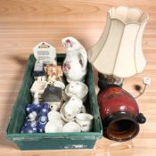 A group of ceramics including a Rumtopf storage jar, an oriental lamp base, tea china, etc.
