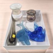 A blue glass paperweight in the form of two birds, signed 'Leo Ward, 1990',