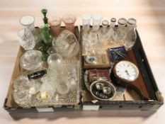 A quartz mantel timepiece, assorted EPNS wares, barometer, drinking glasses and vases,