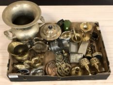 EPNS brass and copper wares including twin handled wine cooler, tea wares, horse brasses, figures,