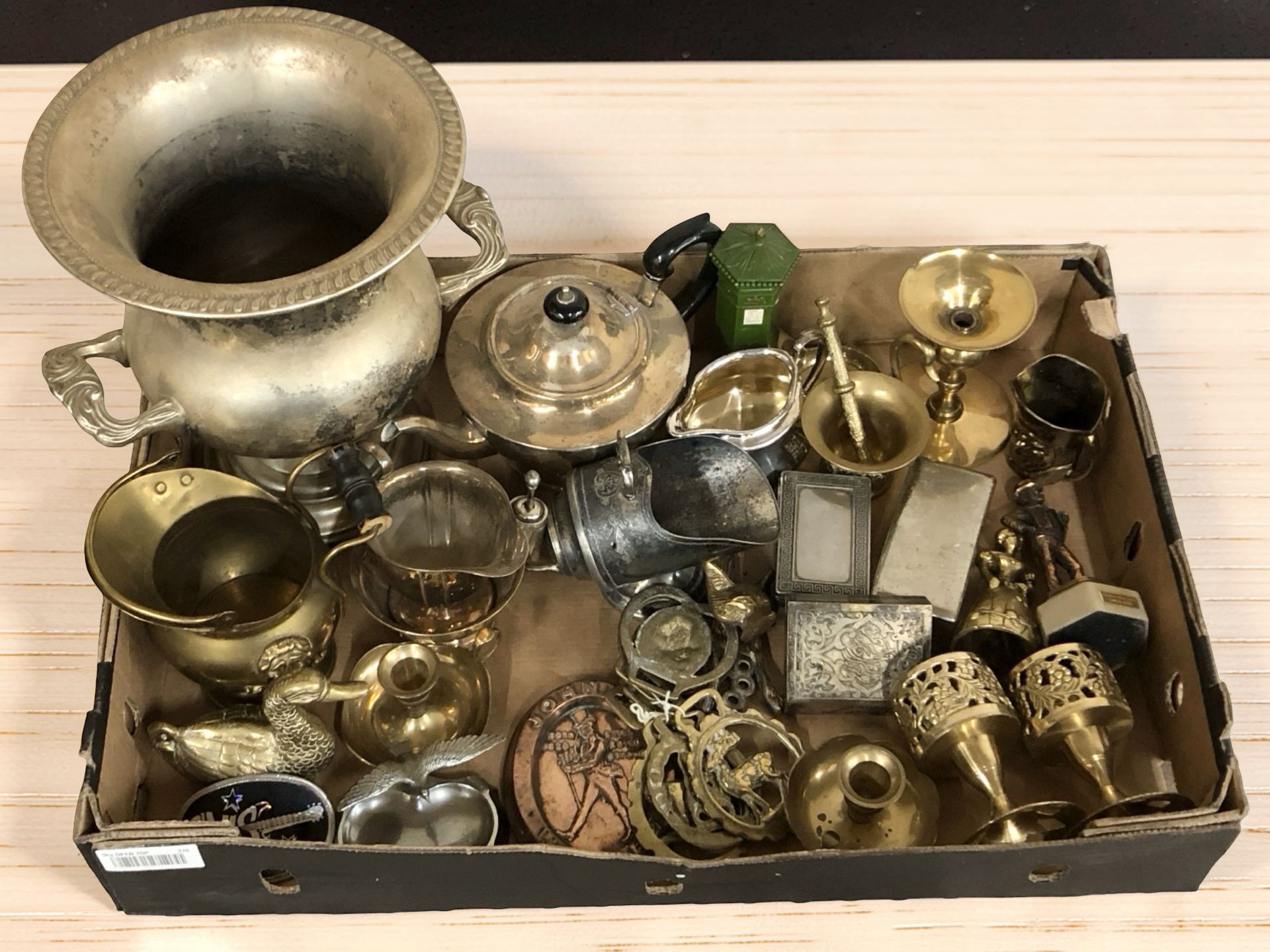 EPNS brass and copper wares including twin handled wine cooler, tea wares, horse brasses, figures,