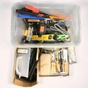 A group of hand tools, wood working chisels, tools and hardware.