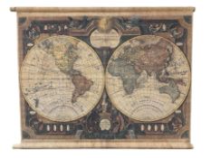 A canvas print depicting a map of the world, on wooden hanging poles, 93 cm x 75 cm.
