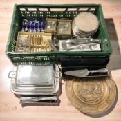 A group of EPNS cutlery sets, toast rack, lidded entree dish, place mats, carriage timepieces, etc.