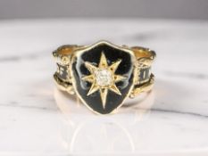 A Victorian 18ct gold diamond and black enamel memorial ring, the band marked 'In Memory Of',