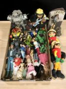 Assorted toys and figurines including Lara Croft, Marvel's The Incredible Hulk, Spiderman, etc.