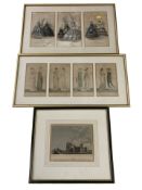 Two framed sets of antiquarian fashion engravings,