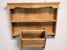 A pine kitchen farmhouse plate rack, width 85 cm, together with a magazine rack.